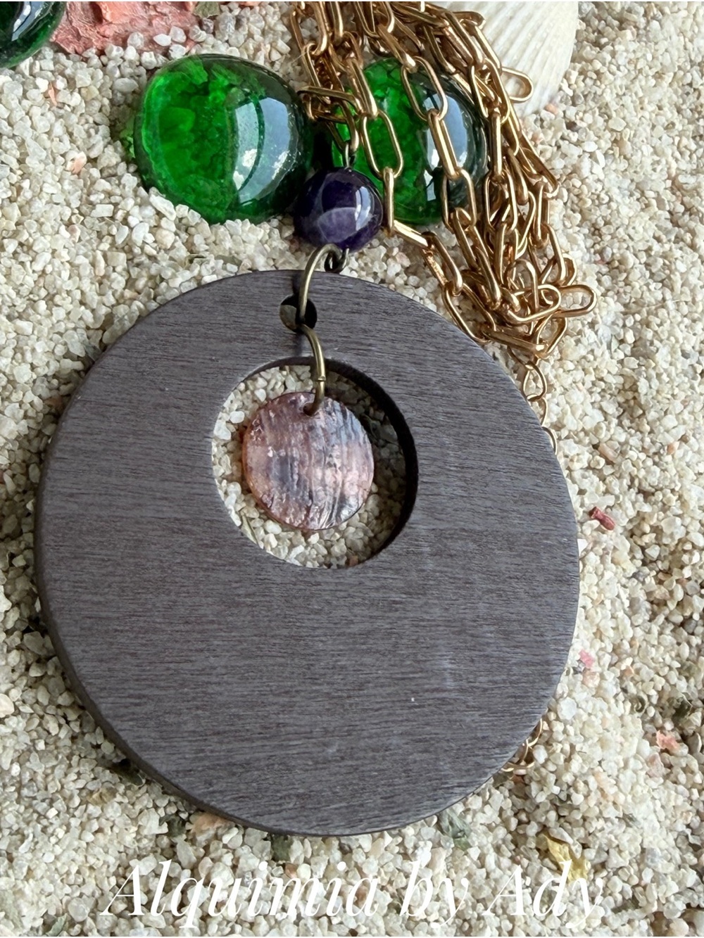 Organic pink shell and Purple amethyst Wood Disc Pendant Necklace EXAGGERATED